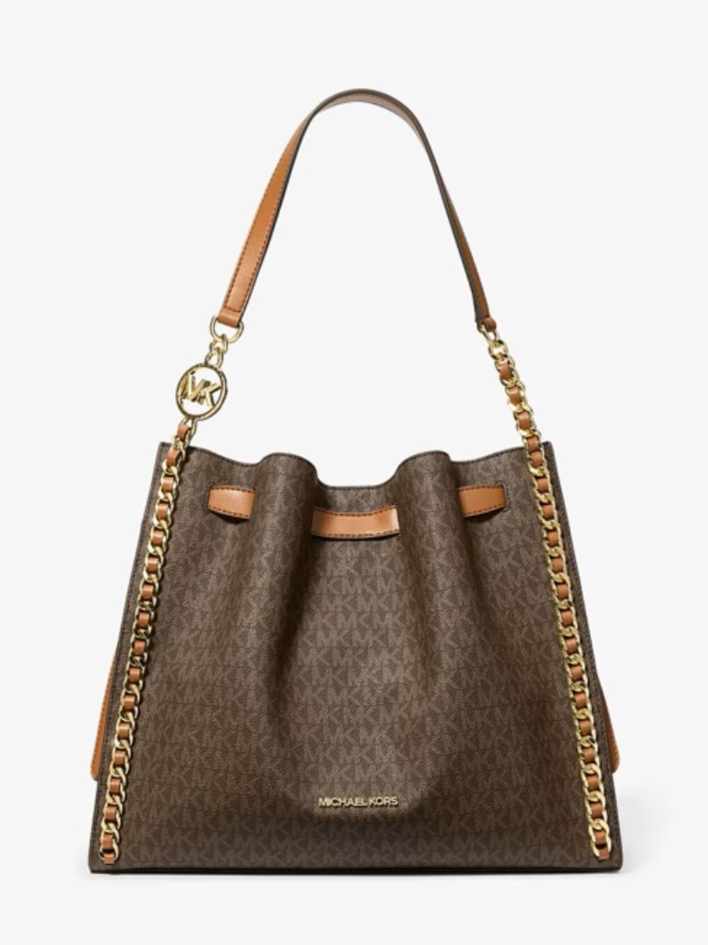 Michael Kors Dark Brown Signature Mina Shoulder Bag with Gold Chain Accents